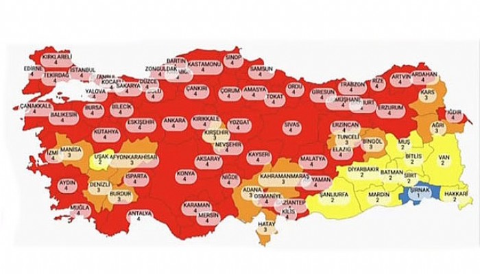 58 şehir, çok yüksek risk grubunu içeren kırmızı kategoride yer aldı